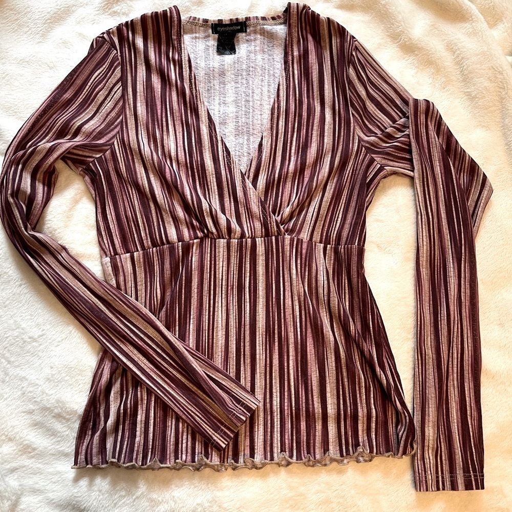 Eyeshadow Brown and White Ribbed Long Sleeve Blouse
